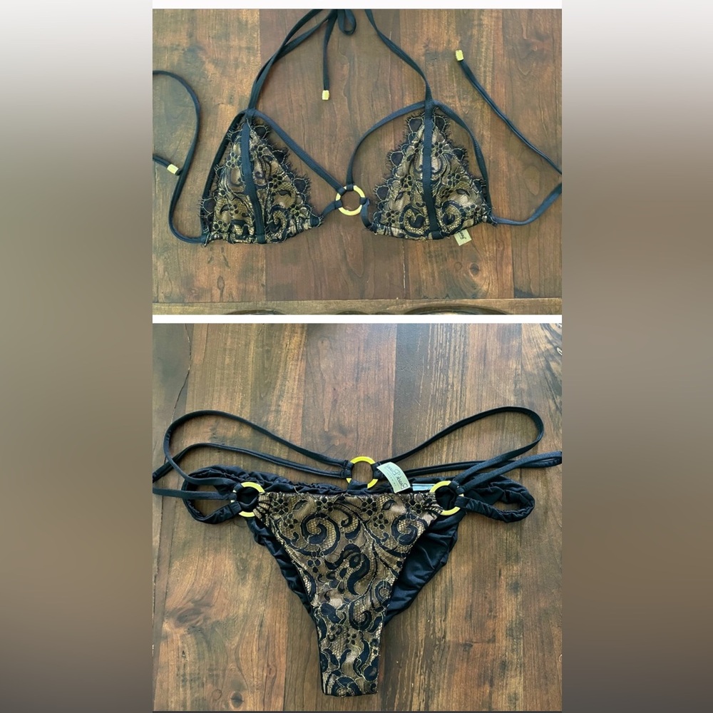 Beach Bunny “Gunpowder and Lace” Black and Gold Lace Bikini Set